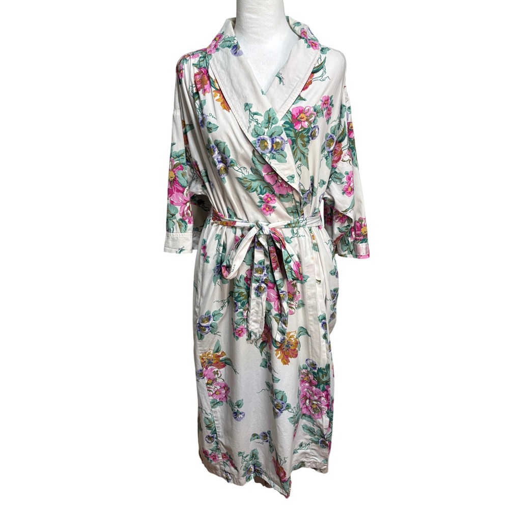 Earth Angels Robe Cream Pink Floral Cotton Vintage Wrap Pockets Cottagecore P/S